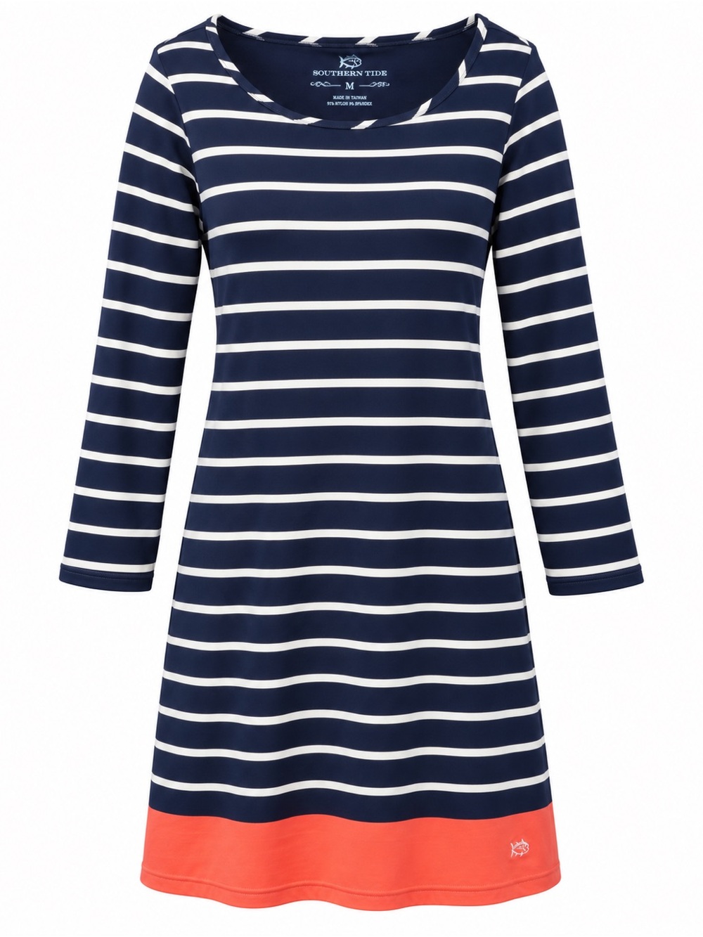 Southern Tide M Navy White Striped Shift Dress Coral Hem Nautical